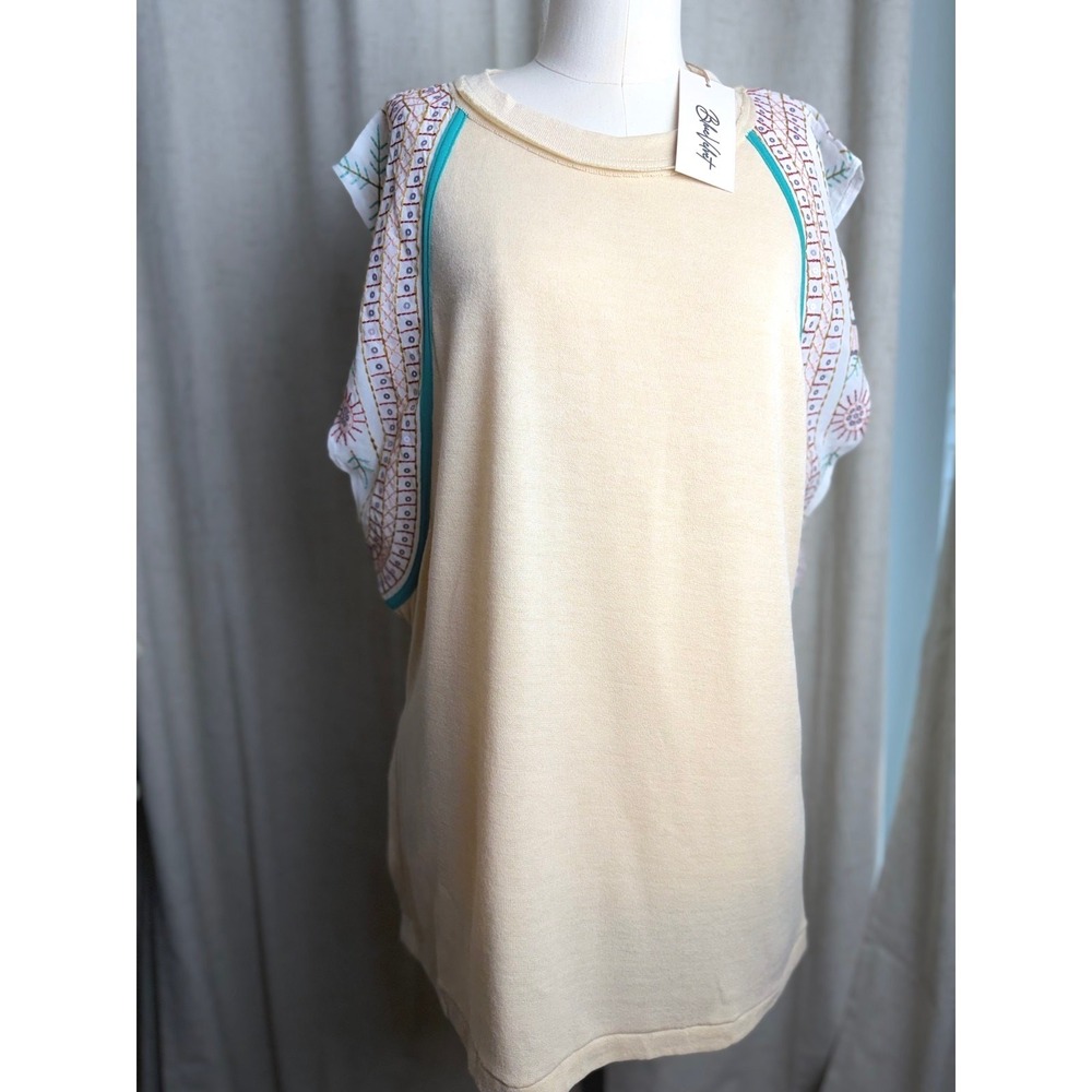Blue Velvet Beige Embroidered Sequin Sleeve Boho Tunic Top